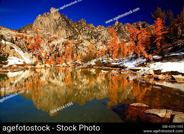 Reflection of a mountain peak on water, Prusik Peak, Sprite Lake, Alpine Lakes Wilderness, Washington State, USA