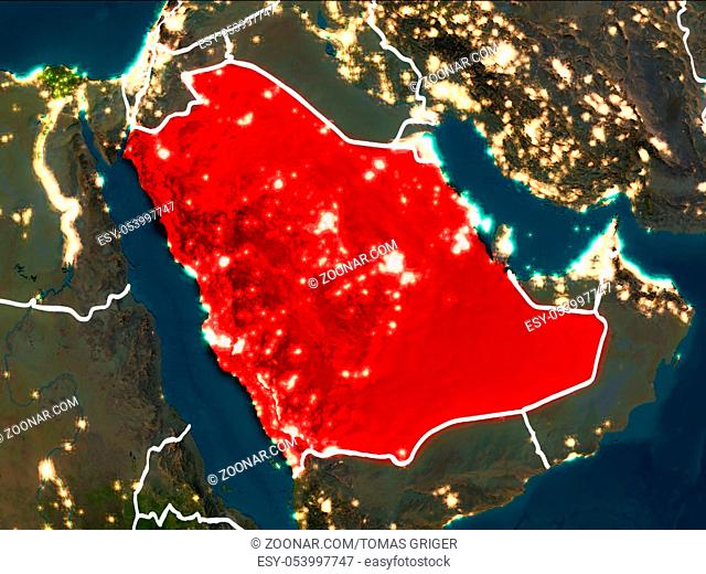 Saudi Arabia highlighted in red from Earth?s orbit at night with visible country borders. 3D illustration. Elements of this image furnished by NASA