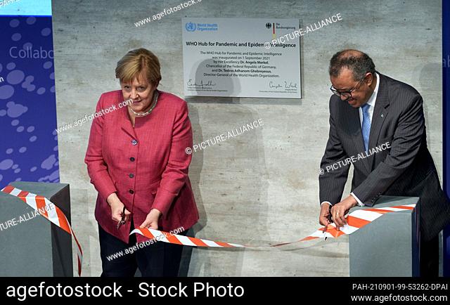 01 September 2021, Berlin: Tedros Adhanom Ghebreyesus, Director-General of the World Health Organization (WHO), and German Chancellor Angela Merkel (CDU)...