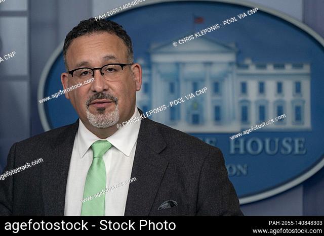 United States Secretary of Education Miguel Cardona holds a briefing at the White House in Washington, DC, March 17, 2021