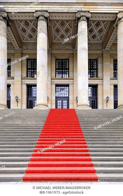 Red carpet on the step leading up to the Konzerthaus, concert hall, building by Schinkel, Gendarmenmarkt square, Mitte quarter, Berlin, Germany, Europe