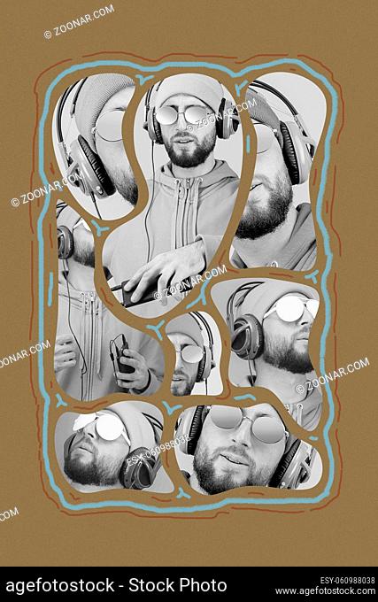 Funky bearded hipster DJ in headphone and sunglasses. Listening streaming music in smartphone player app. Pop art style collage