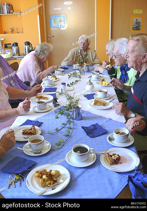 Birthday party at the old people's home, coffee and cake in the afternoon