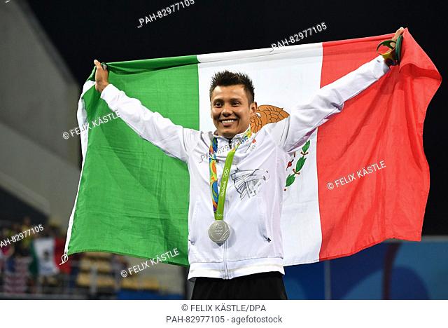 Silver medalist German Sanchez of Mexico celebrates during the medal ceremony of the Men's 10m Platform Final of the Diving event during the Rio 2016 Olympic...