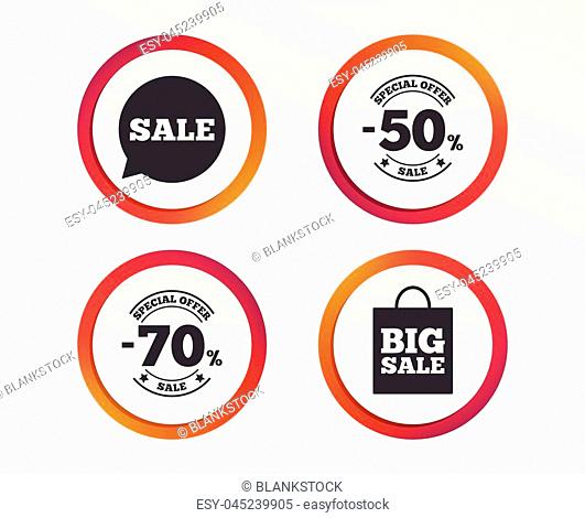 Sale speech bubble icon. 50% and 70% percent discount symbols. Big sale shopping bag sign. Infographic design buttons. Circle templates. Vector