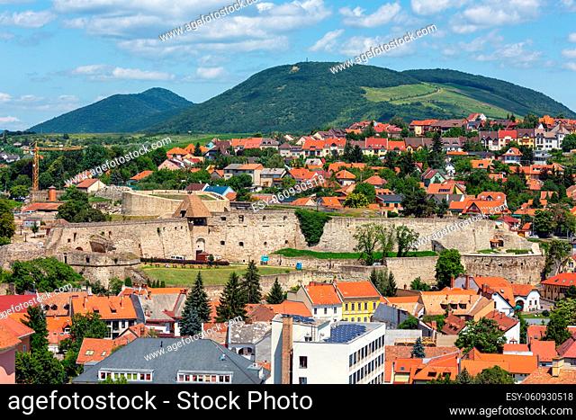 Aerial view Eger, Hungarian Country town with historic medieval castle