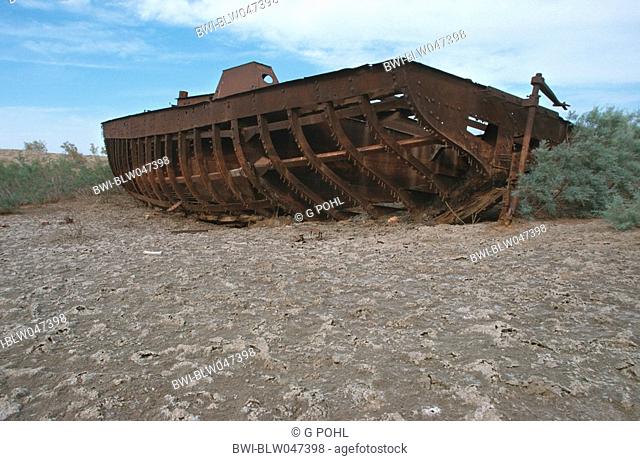 Wreck of a ship in the dry Aral lake, Uzbekistan, Karakalpakstan, Aralsee