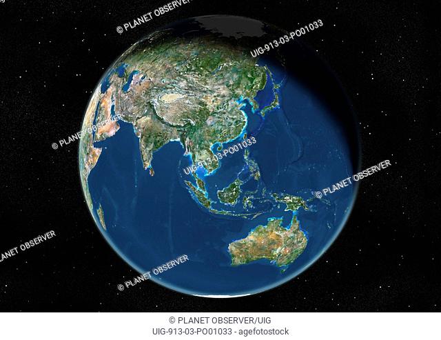 Globe Centred On Asia And Oceania, True Colour Satellite Image. True colour satellite image of the Earth centred on Asia and Oceania