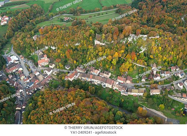 France. Haut-Rhin, village and castle of Ferrette (aerial view)