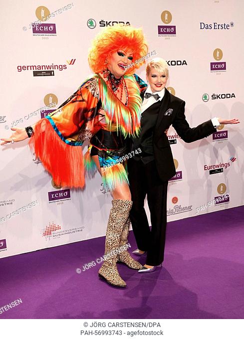 Drag Queen Olivia Jones (l) and reality TV personality Melanie Mueller arrive at the 24th Echo 2015 music awards in Berlin, Germany, 26 March 2015