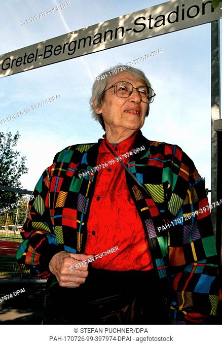 FILE - File picture dated 26 September 2003 showing Margarete Lambert, formerly known as Gretel Bergmann, standing at the entrance to the Gretel Bergmann...