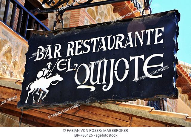 Restaurant sign Bar Restaurante el Quijote (Quixote), El Toboso, Castilla-La Mancha region, Spain