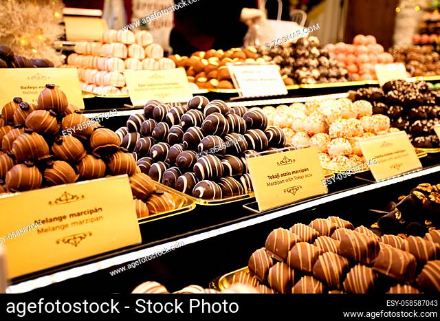 Chocolate truffles, candies and sweets at Christmas market in Hungary