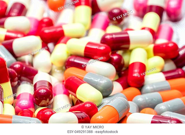 Colorful of antibiotic capsules pills , drug resistance