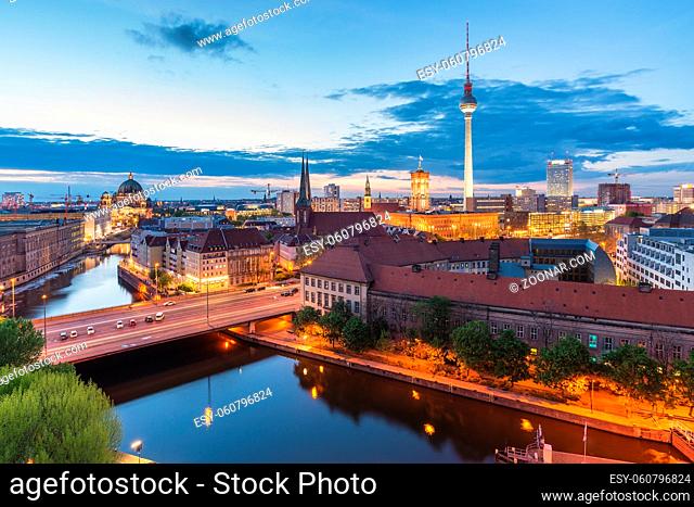Berlin Germany, high angle view sunset city skyline at Spree River