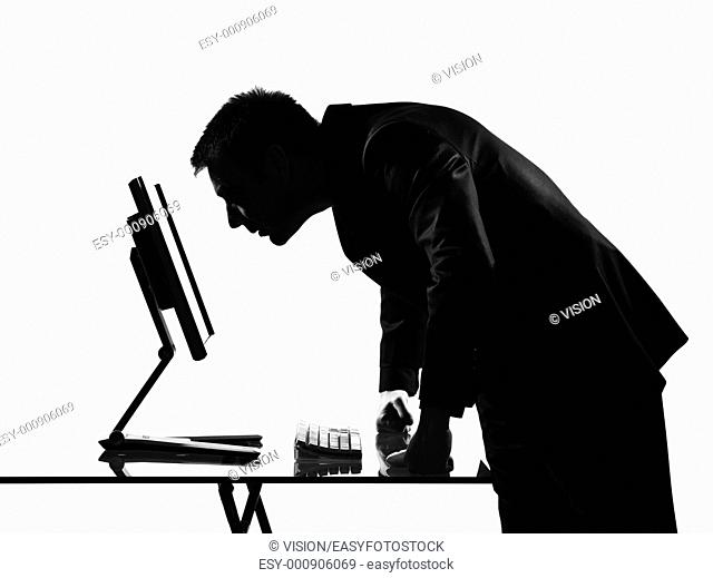 silhouette caucasian business man computing expressing behavior full length on studio isolated white background
