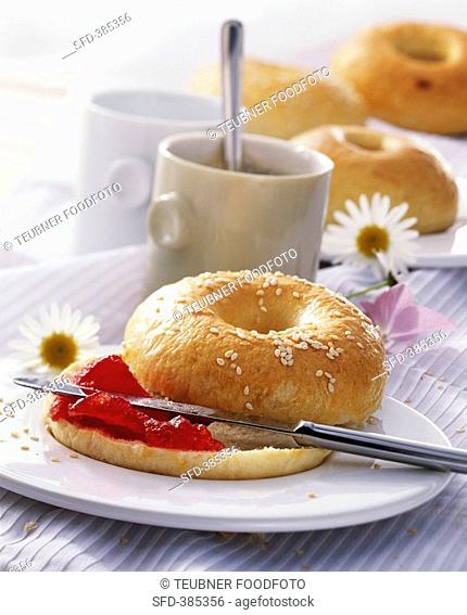 Bagel with strawberry jelly
