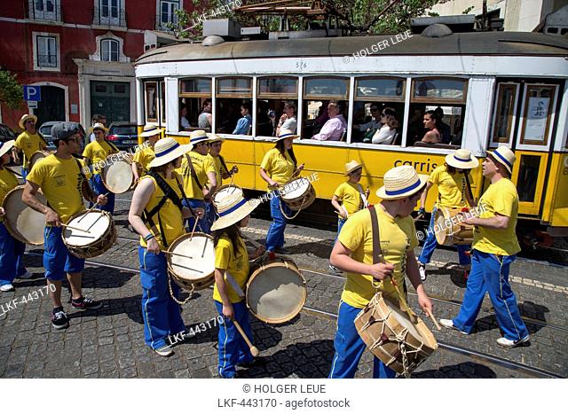 Marching band in the Alfama district to commemorate the Carnation Revolution on April 25, 1974, Lisbon, Lisboa, Portugal