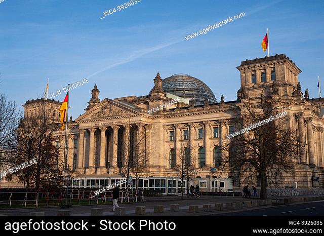 Berlin, Germany, Europe - View of the West facade of the Reichstag building (Imperial Diet) in the Mitte district