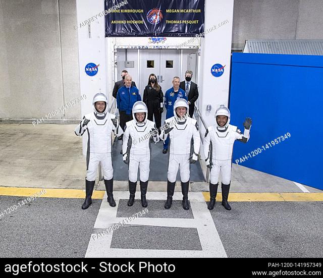 From left to right, ESA (European Space Agency) astronaut Thomas Pesquet, NASA astronauts Megan McArthur and Shane Kimbrough