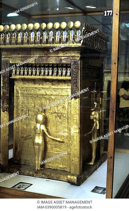 Golden outer sarcophagus of Tutankamen with guardian figures