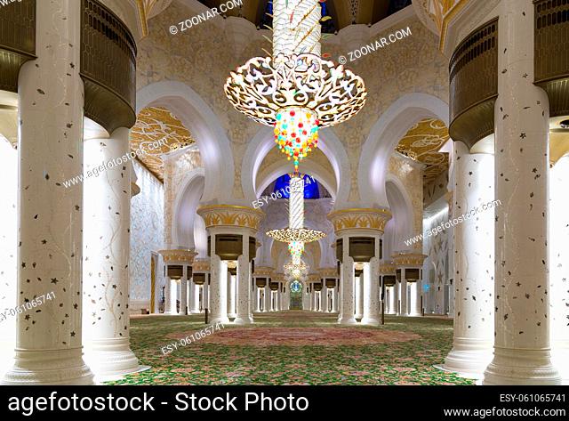 Abu Dhabi, UAE - November 17: Magnificent interior of Sheikh Zayed Grand Mosque in Abu Dhabi. It is the largest mosque in UAE and the eighth largest mosque in...