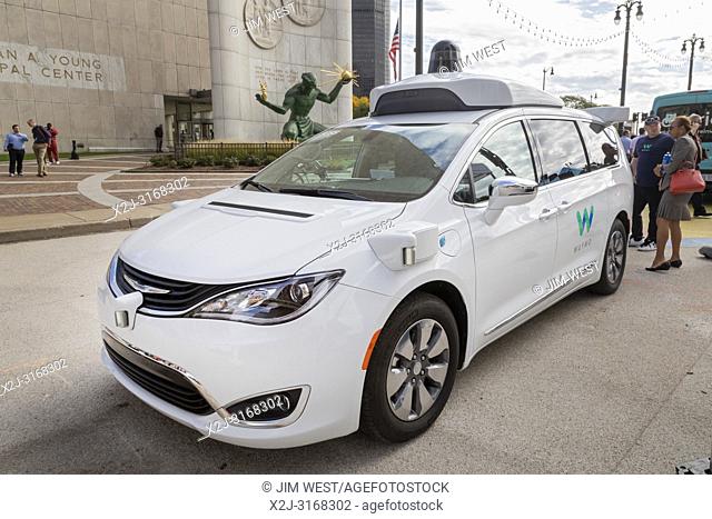 Detroit, Michigan - A Waymo self-driving car on display at the Detroit Moves Mobility Festival. Waymo is a subsidiary of Google's parent company, Alphabet Inc