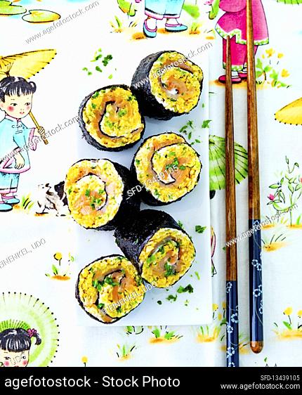 Nori rolls with egg and salmon