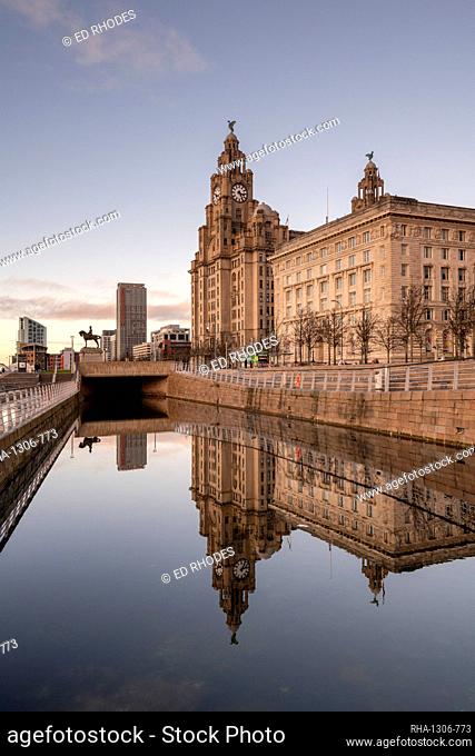 Reflections of The Pier Head on Liverpool Waterfront, UNESCO World Heritage Site, Liverpool, Merseyside, England, United Kingdom, Europe