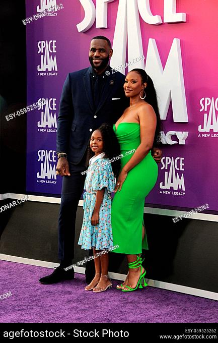 LeBron James, Zhuri Nova James, and Savannah Brinson at the Los Angeles premiere of 'Space Jam: A New Legacy' held at the Regal LA Live in Los Angeles on July...
