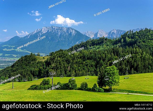 germany, bavaria, upper bavaria, district of rosenheim, oberaudorf, district of hocheck, hocheck chairlift with mühlbacher berg against kaiser mountains