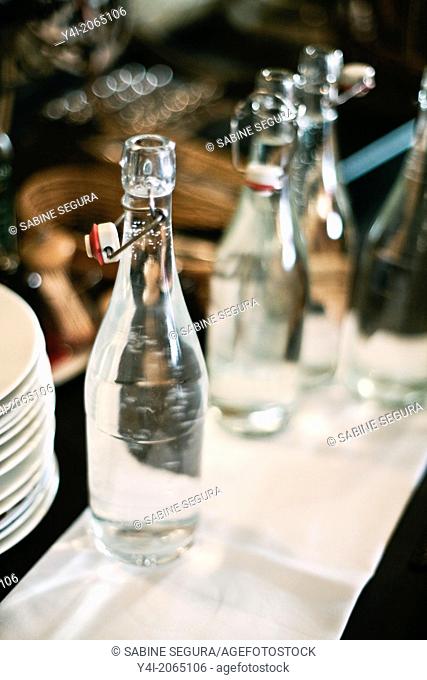 Bottles of water. Cafe Tupina. French cafe in Bordeaux. Bordeaux. Gironde. Aquitaine. France. Europe