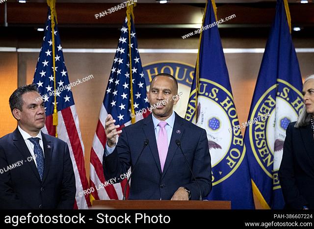 House Democratic Caucus Chair United States Representative Hakeem Jeffries (Democrat of New York), center, is joined by United States Representative Pete...