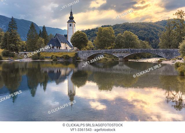 St. John the Baptist Church and Bohinj lake, RibÄev Laz, Upper Carniola, Triglav National Park, Slovenia