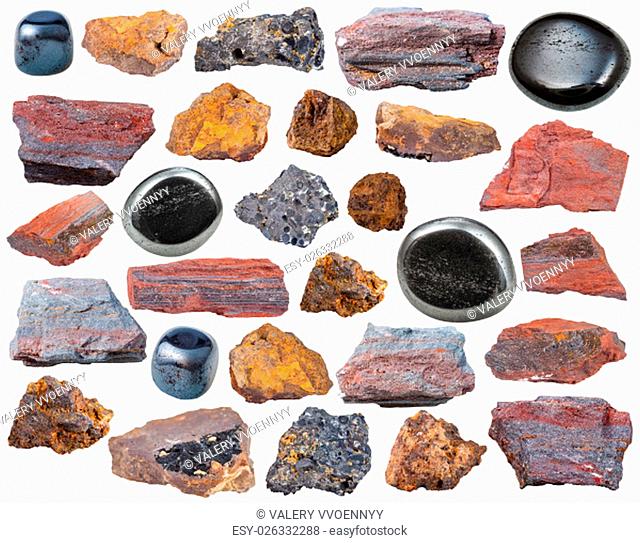 set of various Hematite mineral stones and rocks isolated on white background