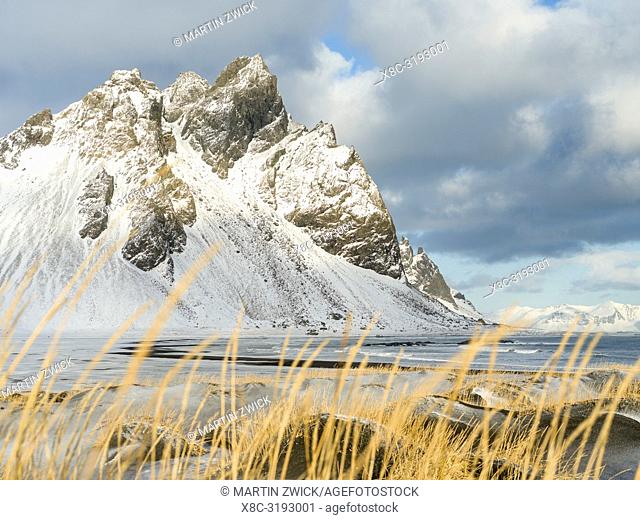 Coastal landscape with dunes at iconic Stokksnes during winter and stormy conditions. europe, northern europe, iceland, february