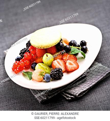 Fresh summer fruit salad and pistachio macaroon