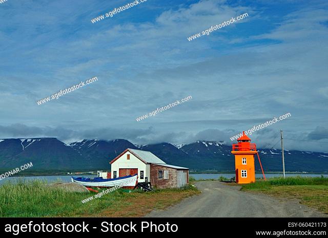Leuchtturm, Svalbarðseyri , Akureyri, Island, svalbardseyri, fjord, eyjafjördur, bunt, klein, berge, landschaft, nordisland, turm, leuchtfeuer, hütte