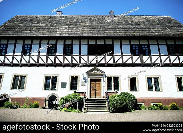 The historic town hall and birthplace of the ""Baron of Muenchausen"" in the citycenter of Bodenwerder (Germany), 23 June 2020