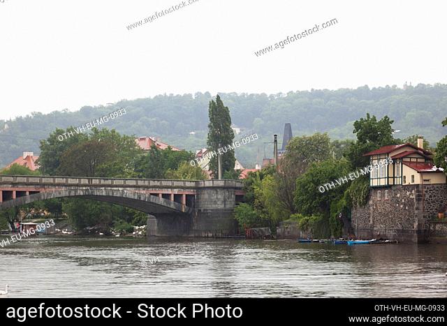 Manes Bridge, a road and tramway bridge on Vitava river with length 186m and width 16m, opened in 1914, Prague, Czech Republic