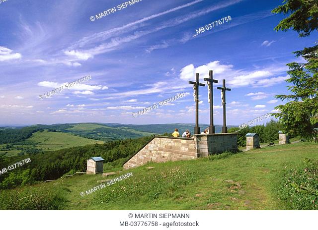 Germany, Bavaria, Lower Franconia, High Rhön, cross mountain, crucifixes, Visitors, summer, , Mountain, 928 m, above Bischofsheim, place of pilgrimage