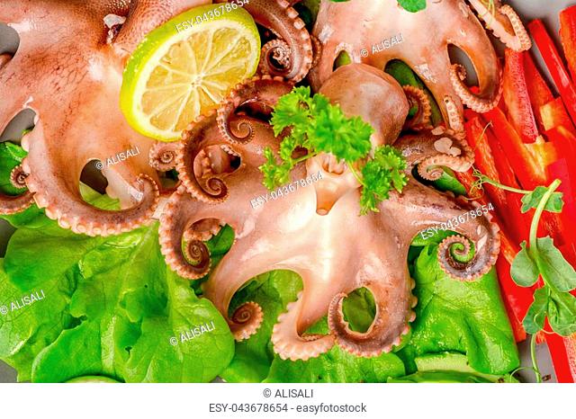 top view of octopus served with sliced avocado, lettuce, red pepper, lime, cucumber and sprig of pea leaves, natural seafood, close up