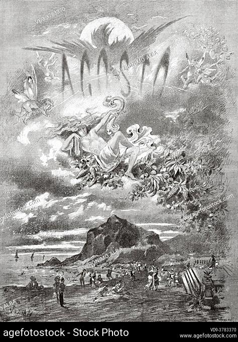 Illustration allegory month of August. Old 19th century engraved illustration, El Mundo Ilustrado 1881
