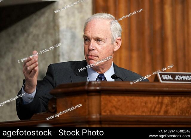 United States Senator Ron Johnson (Republican of Wisconsin) asks questions during a Senate Homeland Security and Governmental Affairs & Senate Rules and...