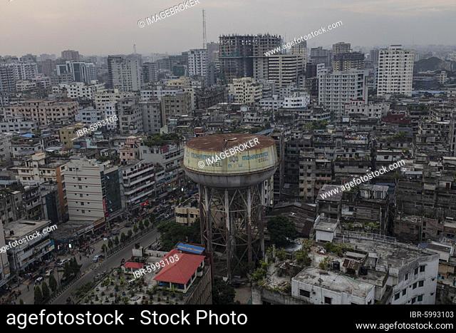 High-rise buildings and water tower, view from Kaizuddin Tower, Bijoy Nagar Road, Old Dhaka, Dhaka, Bangladesh, Asia