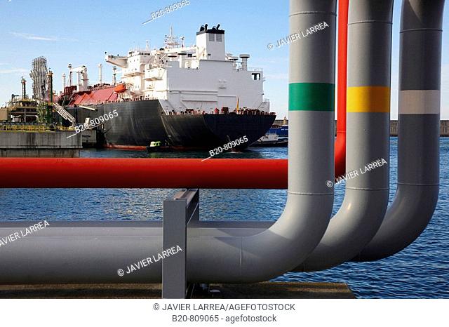 Ship for transporting natural gas, fuel pipelines, unloading fuel. Port of Bilbao, Biscay, Basque Country, Spain