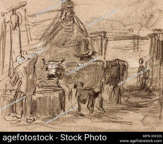 Author: Constant Troyon. Farmyard with Man and Cattle - Constant Troyon French, 1810-1865. Black chalk, heightened with touches of white chalk