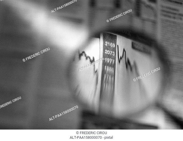 Stock and share graphs seen through magnifying glass, b&w