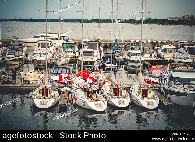 Yachts and motorboats moored in yacht haven Marina Sopot at Sopot pier on Gdansk Bay in Baltic Sea, Sopot Poland