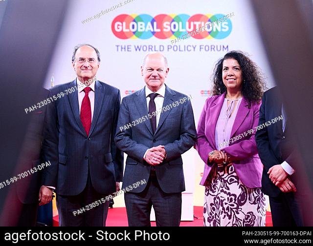 15 May 2023, Berlin: Dennis J. Snower (l-r), President of the Global Solutions Initiative, Olaf Scholz (SPD), German Chancellor, and Luciana Mendes Santos Servo